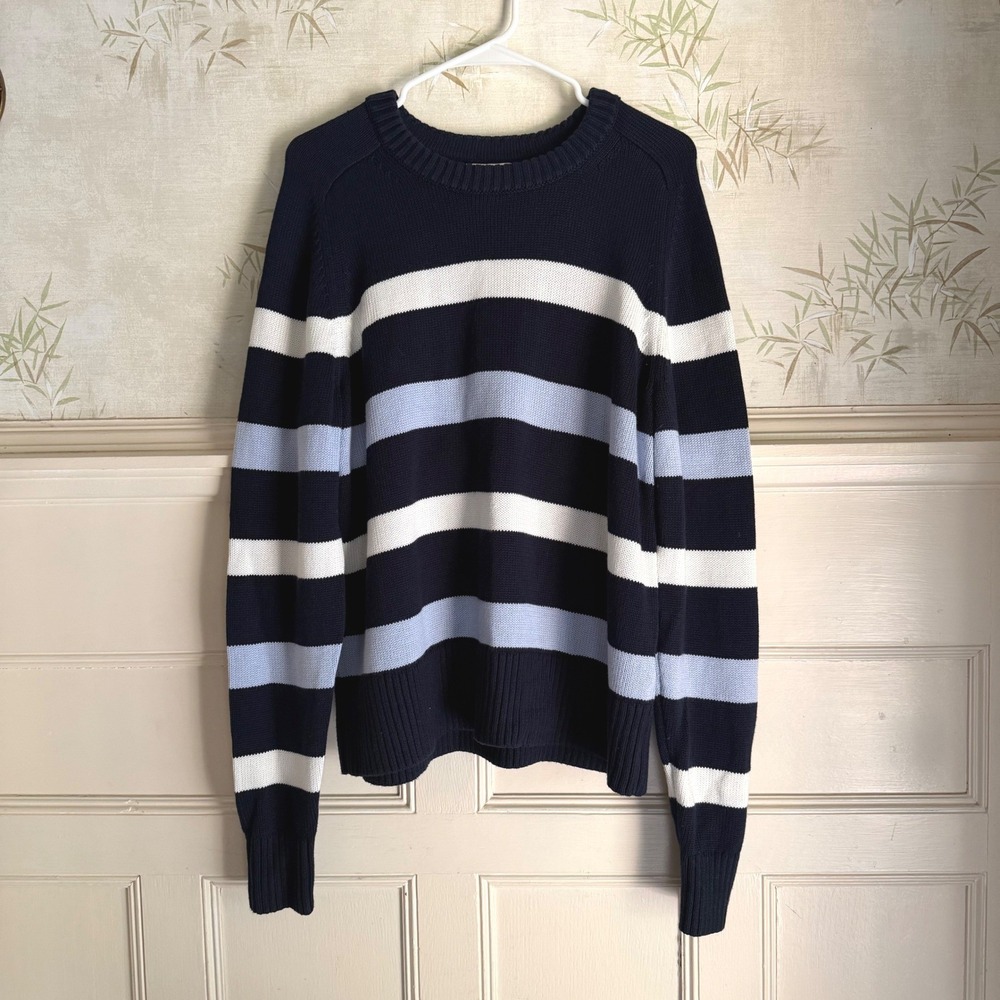 Banana Republic Cotton Silk Striped Sweater Navy Blue Crewneck Preppy Large